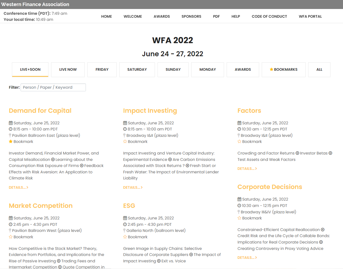 A view of the conference management application we built for the Western Finance Association