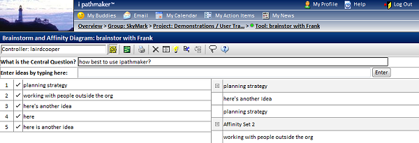 The Brainstorm and Affinity Diagram screenshot shows these web based creativity tools in use in our ipathmaker software.