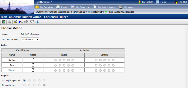 ipathmaker's web based Consensus Builder software tool is pictured here. Users can set up ballots with candidates, and criteria, or choose between multivoting and rating votes.