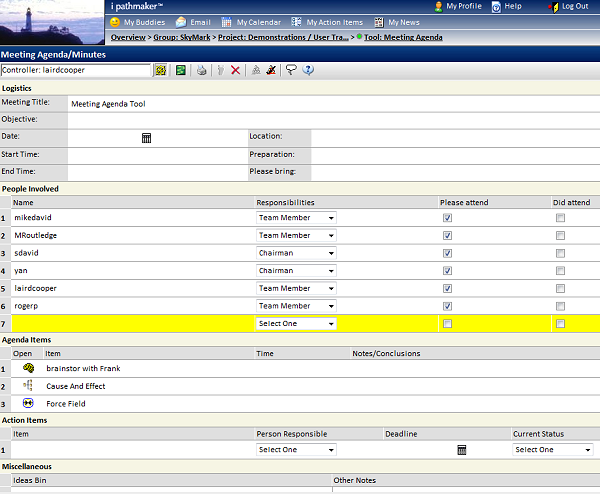 The meeting agenda software tool allows the team to host online meetings and to embed other tools for live use in the online meeting.